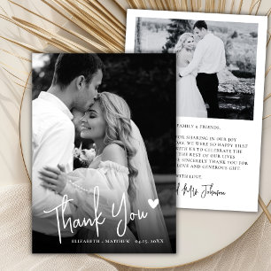 Carte De Remerciements Mariage Script Coeur Amour Photo Noir et Blanc 2