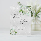 Carte De Remerciements Mariage Shower pailleté d'argent fleurs blanches (Debout devant)