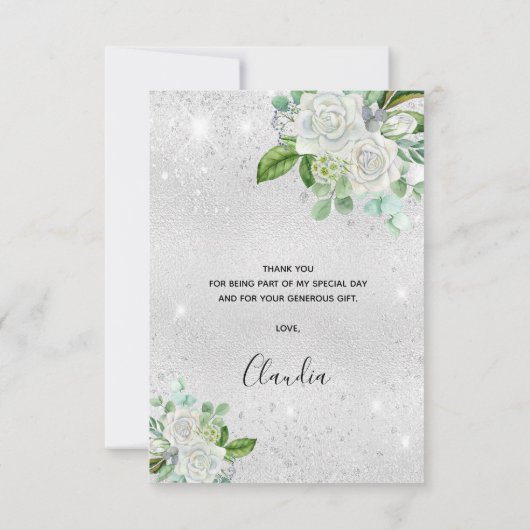 Carte De Remerciements Mariage Shower pailleté d'argent fleurs blanches (Dos)