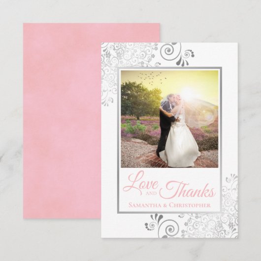 Carte De Remerciements Mariage Silver Lace Rose sur White Love & Thanks (Devant / Derrière)