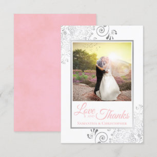 Carte De Remerciements Mariage Silver Lace Rose sur White Love & Thanks