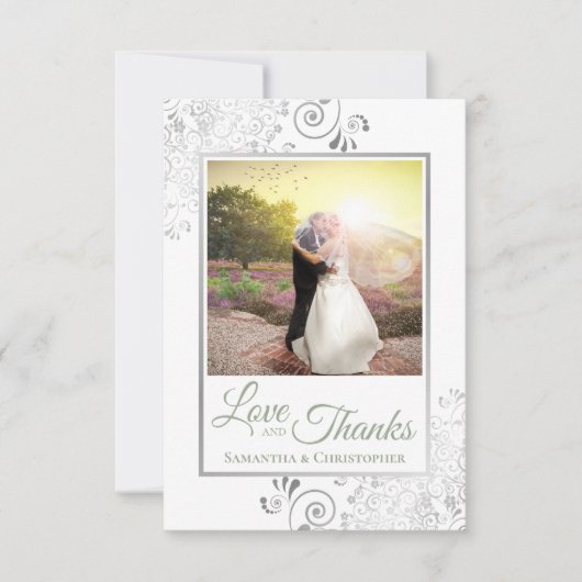 Carte De Remerciements Mariage Silver & Sage Green White Love & Thanks (Devant)