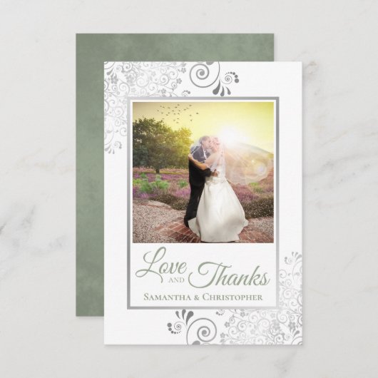 Carte De Remerciements Mariage Silver & Sage Green White Love & Thanks (Devant / Derrière)