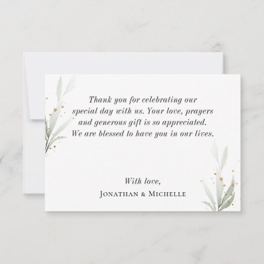 Carte De Remerciements Mariage simple Aquarelle Verdure Or Splashes (Dos)