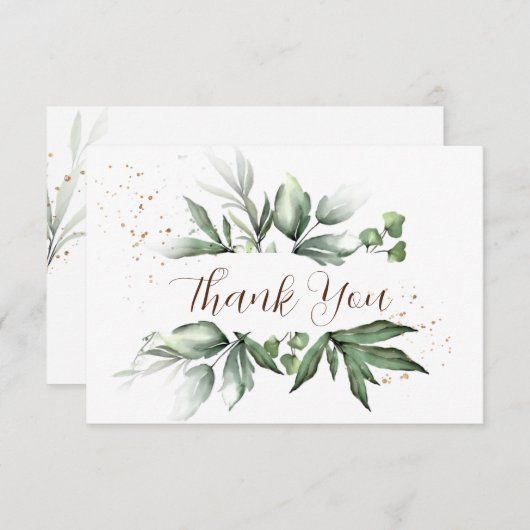 Carte De Remerciements Mariage simple Aquarelle Verdure Or Splashes (Devant / Derrière)