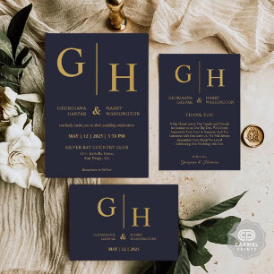 Carte De Remerciements Mariage simple bleu marine foncé et or