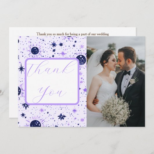 Carte De Remerciements Mariage Soleil Lune Étoiles Noir et Violet Céleste (Devant / Derrière)
