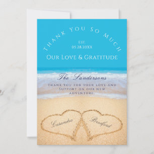 Carte De Remerciements Mariage sur la Plage Bleue 2 Cœurs dans le Sable