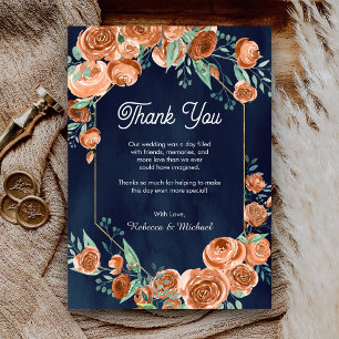 Carte De Remerciements Mariage Terracotta Fleurs Bleu Nuit