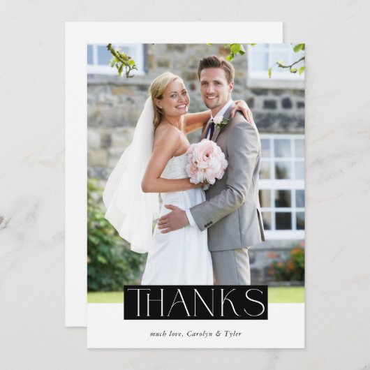 Carte De Remerciements MARIAGE THANKS photo moderne chic serif superposit (Devant / Derrière)