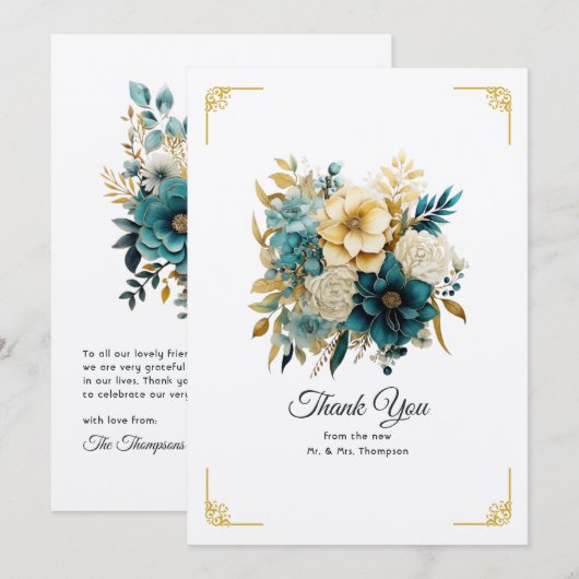 Carte De Remerciements Mariage turquoise et or Floral (Devant / Derrière)