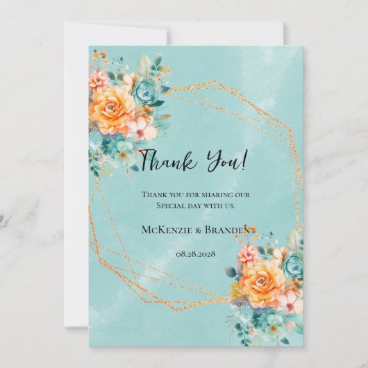 Carte de remerciements Mariage Turquoise et Orange (Devant)