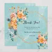 Carte de remerciements Mariage Turquoise et Orange (Devant / Derrière)