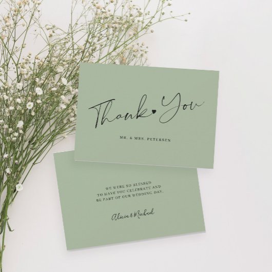 Carte De Remerciements Mariage vert sauge simple élégant script