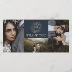 Carte De Remerciements Mariage vintage floral de marine et d'or