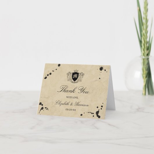 Carte De Remerciements Mariage Vintage Monogram & Tache d'Encre (Devant)