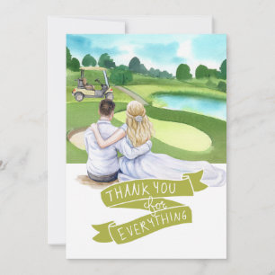 Carte De Remerciements Mariée golfeuse de golf et marié parcours de golf