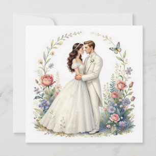 Carte De Remerciements Mariés Romantiques Élégants Fleurs Couple de Maria