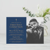 Carte De Remerciements Marine bleu Gold Photo Première communion invitati (Debout devant)