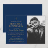 Carte De Remerciements Marine bleu Gold Photo Première communion invitati (Devant / Derrière)