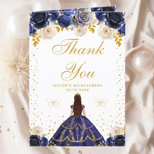 Carte De Remerciements Marine Blue Floral Princess Quinceañera