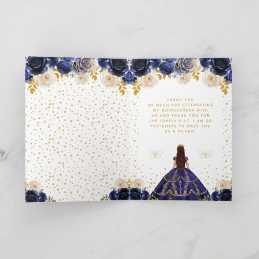 Carte De Remerciements Marine Blue Floral Princess Quinceañera (Intérieur)