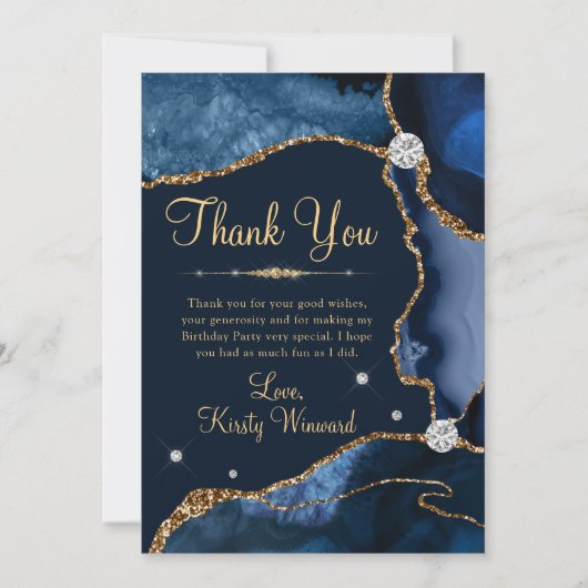 Carte De Remerciements Marine Blue & Gold Faux Parties scintillant Agate (Devant)