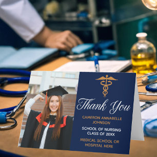 Carte De Remerciements Marine Blue Gold Graduation Photo École Médicale