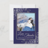 Carte De Remerciements Marine Blue & Silver Curls Photo & Note Mariage (Devant)