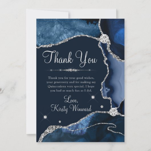 Carte De Remerciements Marine Blue & Silver Faux Parties scintillant Agat (Devant)