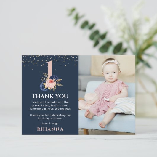 Carte De Remerciements Marine enchanteresse et florale rose 1er anniversa (Debout devant)