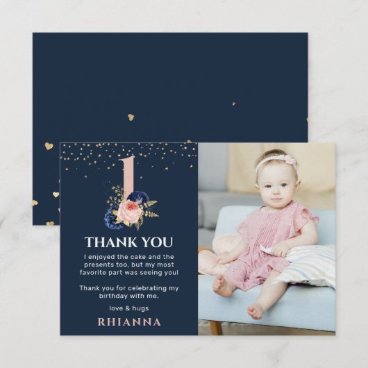 Carte De Remerciements Marine enchanteresse et florale rose 1er anniversa (Devant / Derrière)