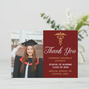 Carte De Remerciements Maroon Gold Graduation Photo Infirmière ou Docteur