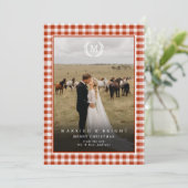Carte De Remerciements "Married & Bright" Gingham Monogram Crest 2 Photo (Debout devant)