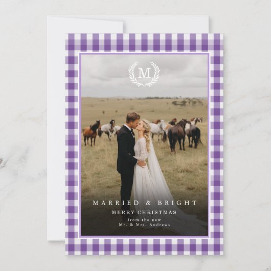 Carte De Remerciements "Married & Bright" Gingham Monogram Crest 2 Photo (Devant)