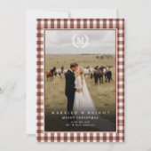Carte De Remerciements "Married & Bright" Gingham Monogram Crest 2 Photo (Devant)