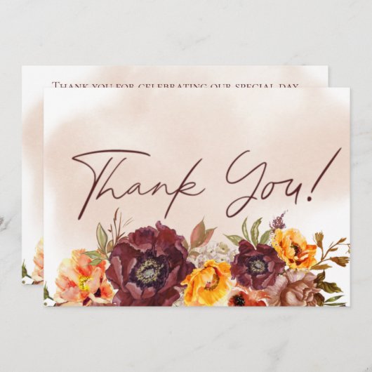 Carte De Remerciements Marsala Argile & Bouquet Jaune Mariage (Devant / Derrière)