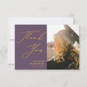 Carte De Remerciements Mauve Elegant Gold Script Photo Graduation (Devant)