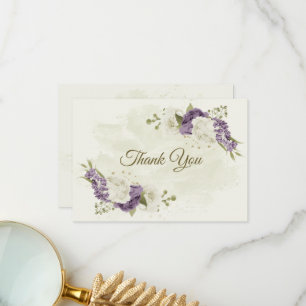 Carte De Remerciements mauve fleurs blanches verdure mariage