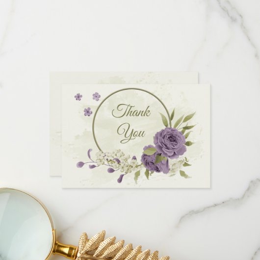Carte De Remerciements mauve fleurs blanches verdure mariage (Devant/Arrière en situation)