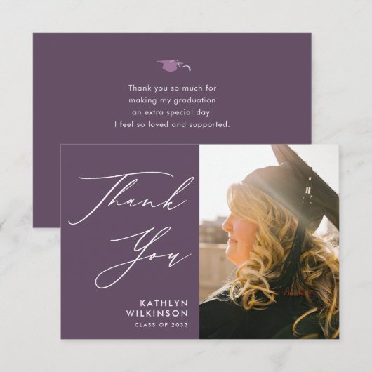 Carte De Remerciements Mauve Purple Élégant Script Photo Graduation (Devant / Derrière)