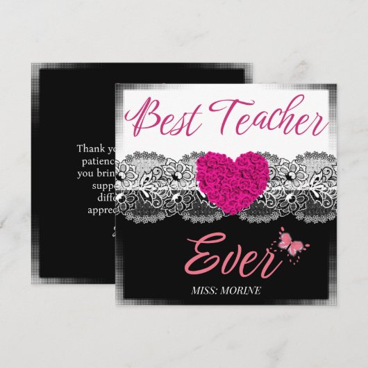 Carte De Remerciements Meilleur enseignant jamais noir et blanc avec coeu (Devant / Derrière)