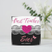 Carte De Remerciements Meilleur enseignant jamais noir et blanc avec coeu (Debout devant)