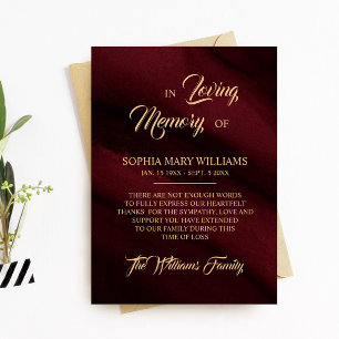 Carte de remerciements mémoire Burgundy & Gold Sym