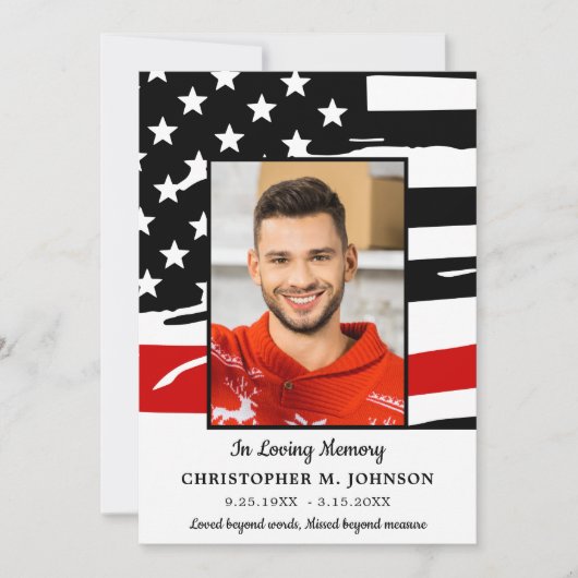 Carte De Remerciements Mémorial des pompiers funérailles ligne rouge fine (Devant)