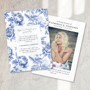 Carte De Remerciements Mémorial Floral Bleu Photo Sympathy Funérailles