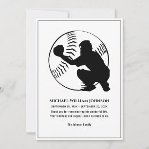 Carte De Remerciements Mémorial Funéraire Baseball Noir Et Blanc Receveur