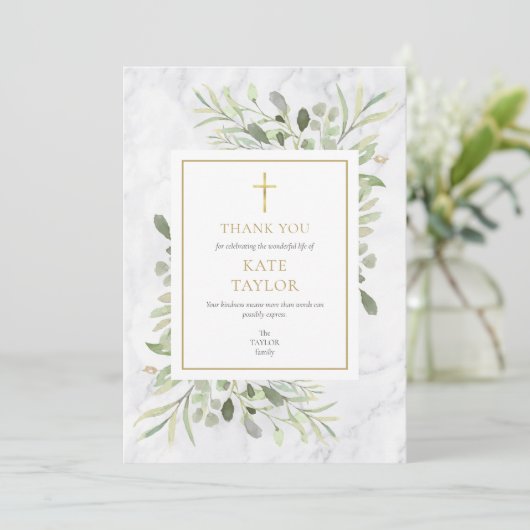 Carte De Remerciements Mémorial funéraire en marbre vert chrétien (Debout devant)