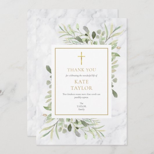 Carte De Remerciements Mémorial funéraire en marbre vert chrétien (Devant / Derrière)