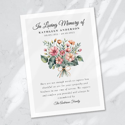 Carte De Remerciements Mémorial funéraire floral boho